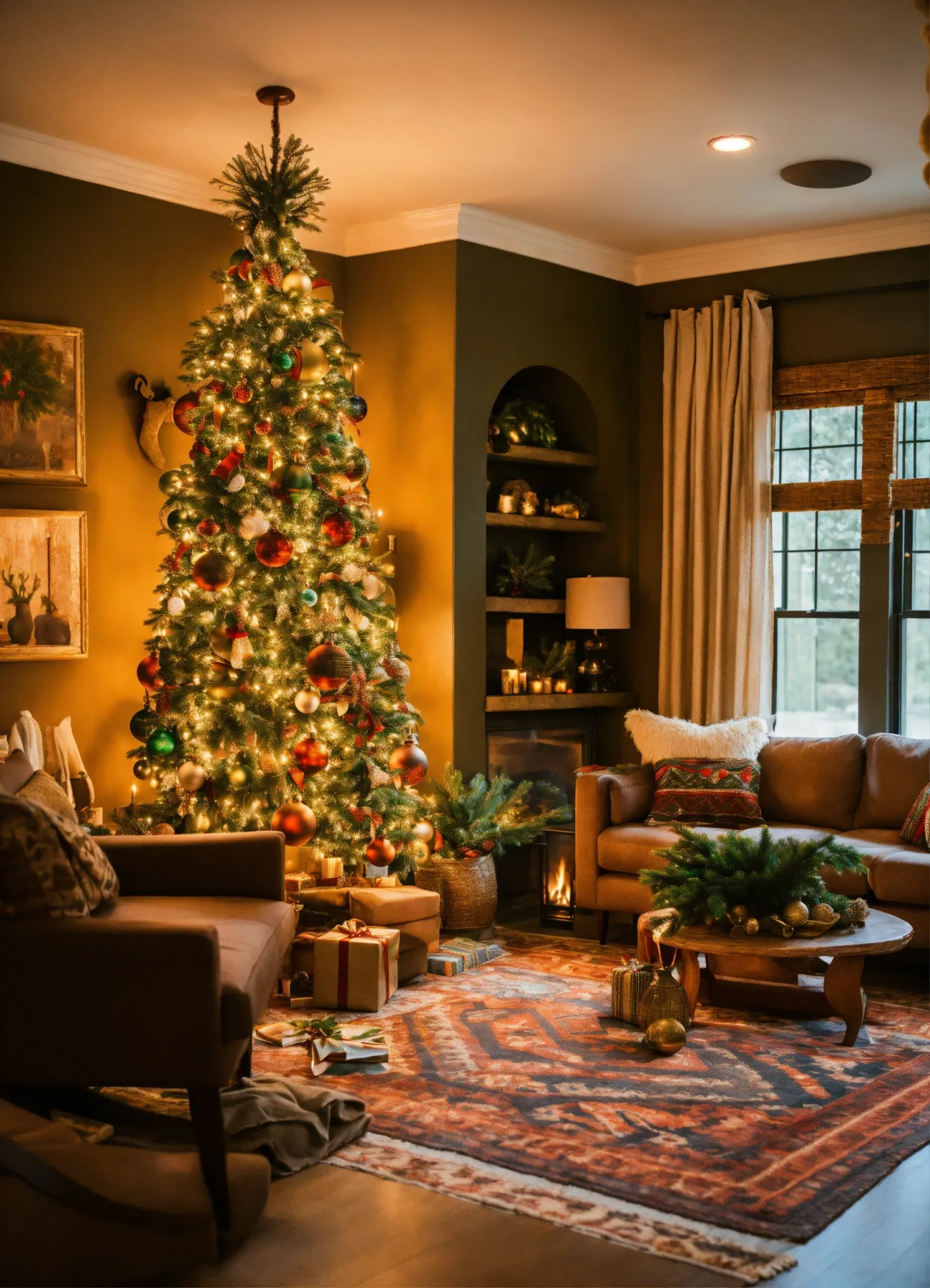Lexica - African inspired Christmas tree in the middle of a living room,  warm tones, fireplace, ethnic decor, lush greenery