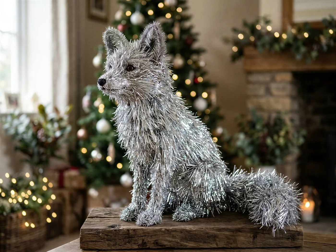 Lifelike Silver Tinsel Fox Christmas Decoration Display | Deep Dream  Generator