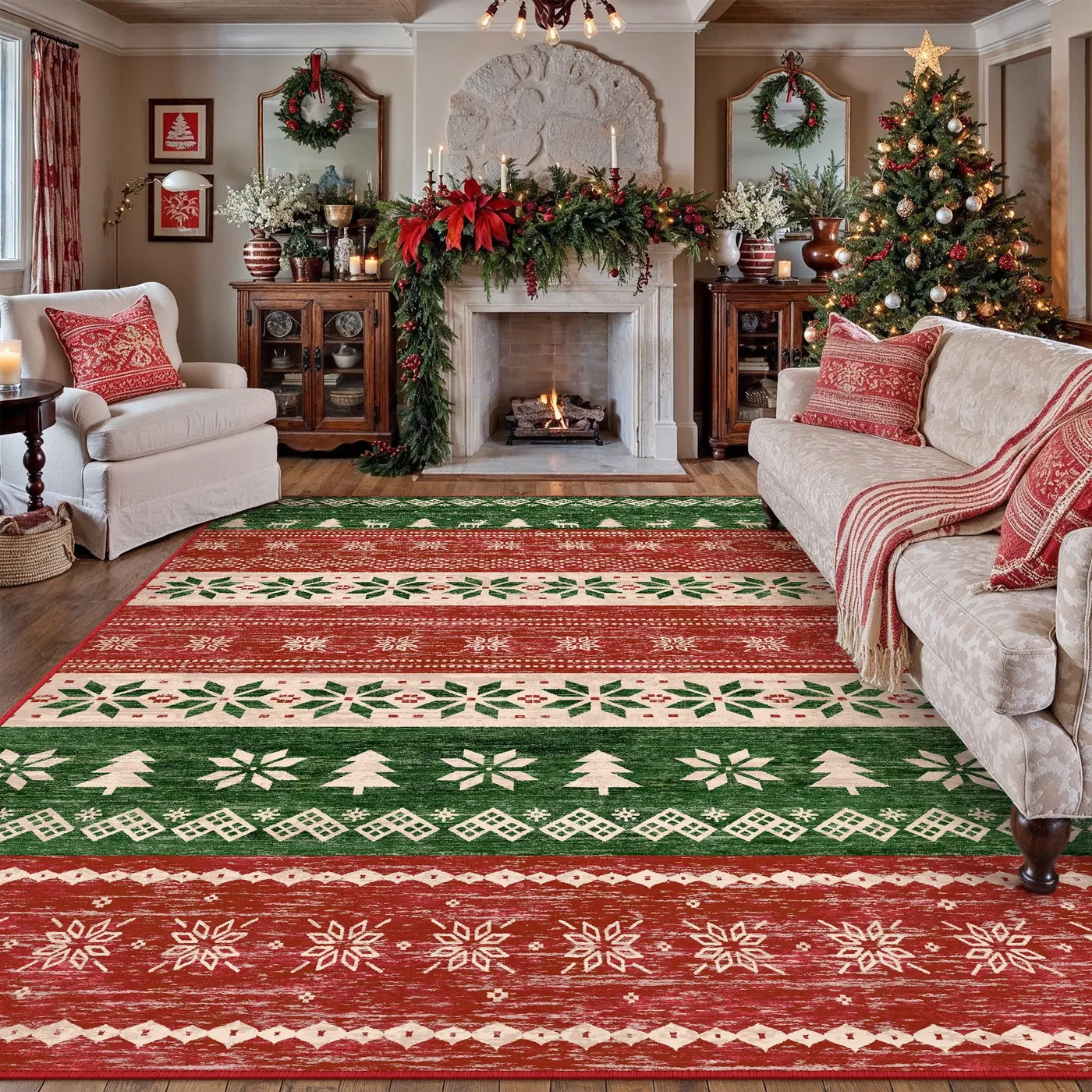 Living Room Holiday Rug BERTHMEER 8'X10' Christmas Area Rug For Living Room  Large Christmas Rugs For Bedroom Dining Room Holiday Decor For Farmhouse  Laundry Vintage Washable Non-slip Rug,Red And Gre