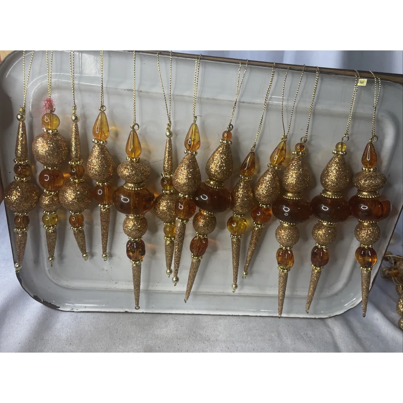 Lot Of 13! Elegant Christmas Tree Beaded Dangle Ornaments Amber & Gold Color