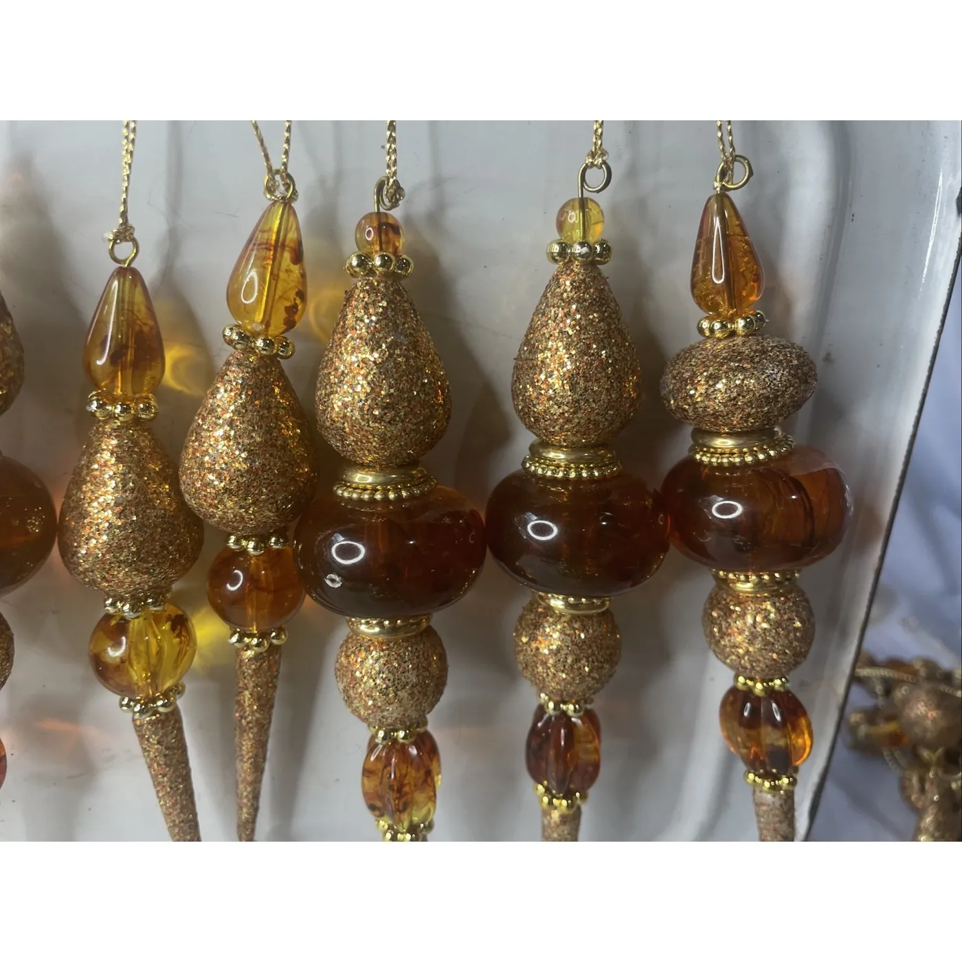 Lot Of 13! Elegant Christmas Tree Beaded Dangle Ornaments Amber & Gold Color