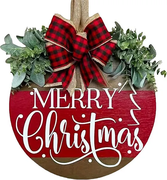 Merry Christmas Wreath Sign for Front Door, Wooden Welcome Wreath Sign with Bow