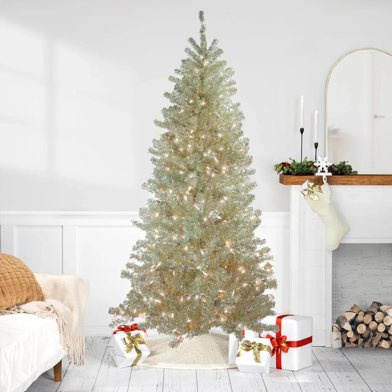Metallic Platinum Artificial Tinsel Christmas Tree - 7 ft Clear Lights |  Christmas