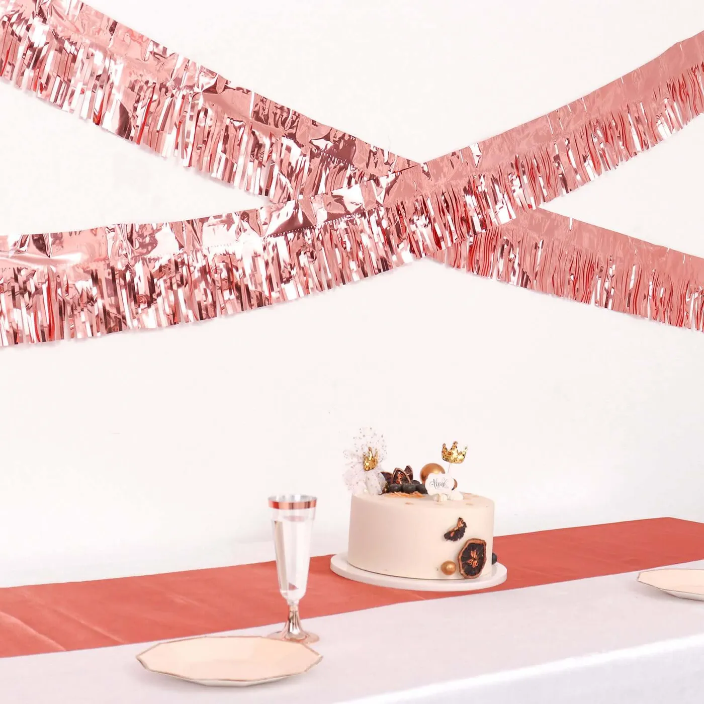 Metallic Rose Gold Foil Tassel Fringe Backdrop Banner, Tinsel Garland Decor 16Ft - Weddings, Events By eFavormart Party Shop