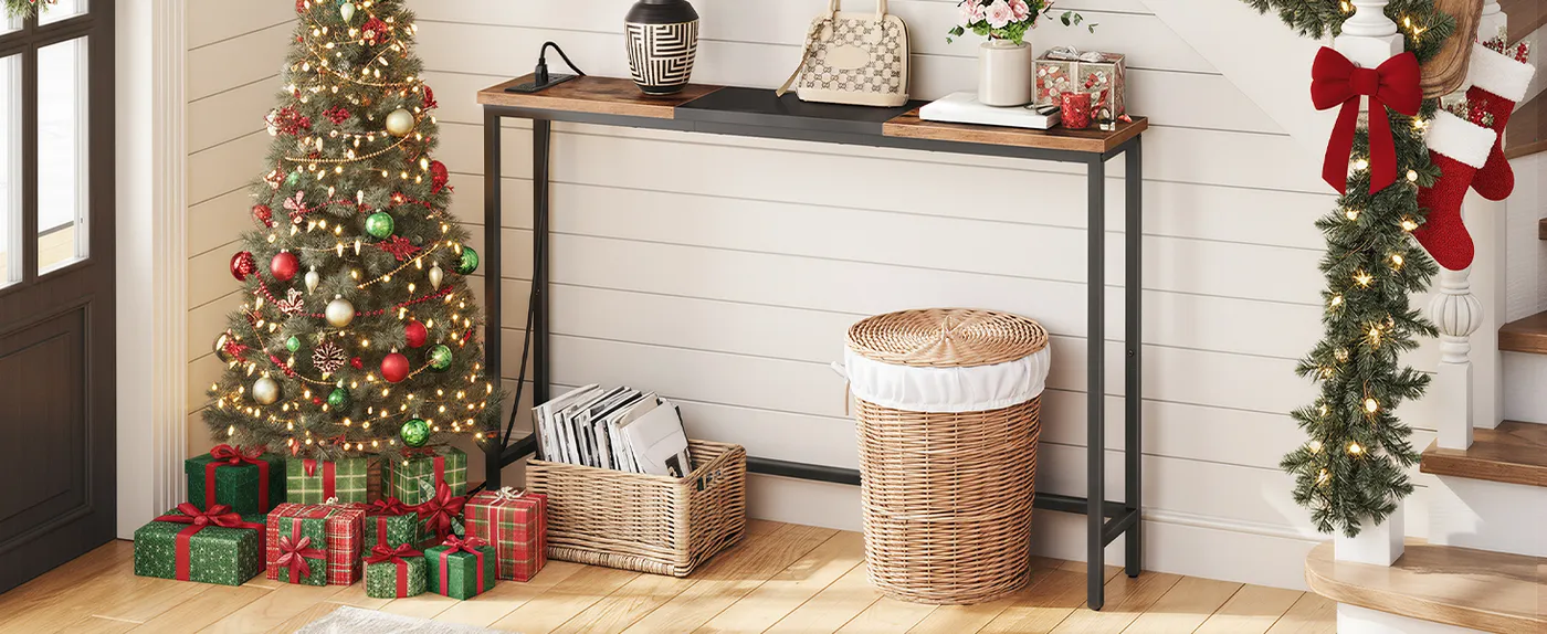 Narrow Console Table with Power Outlets, 44.9-Inch Slim Sofa Table,  Multi-Scenario Entryway Display Shelf for Living Room, Foyer & Hallway,  Rustic Brown and Black | HOOBRO Wholesale