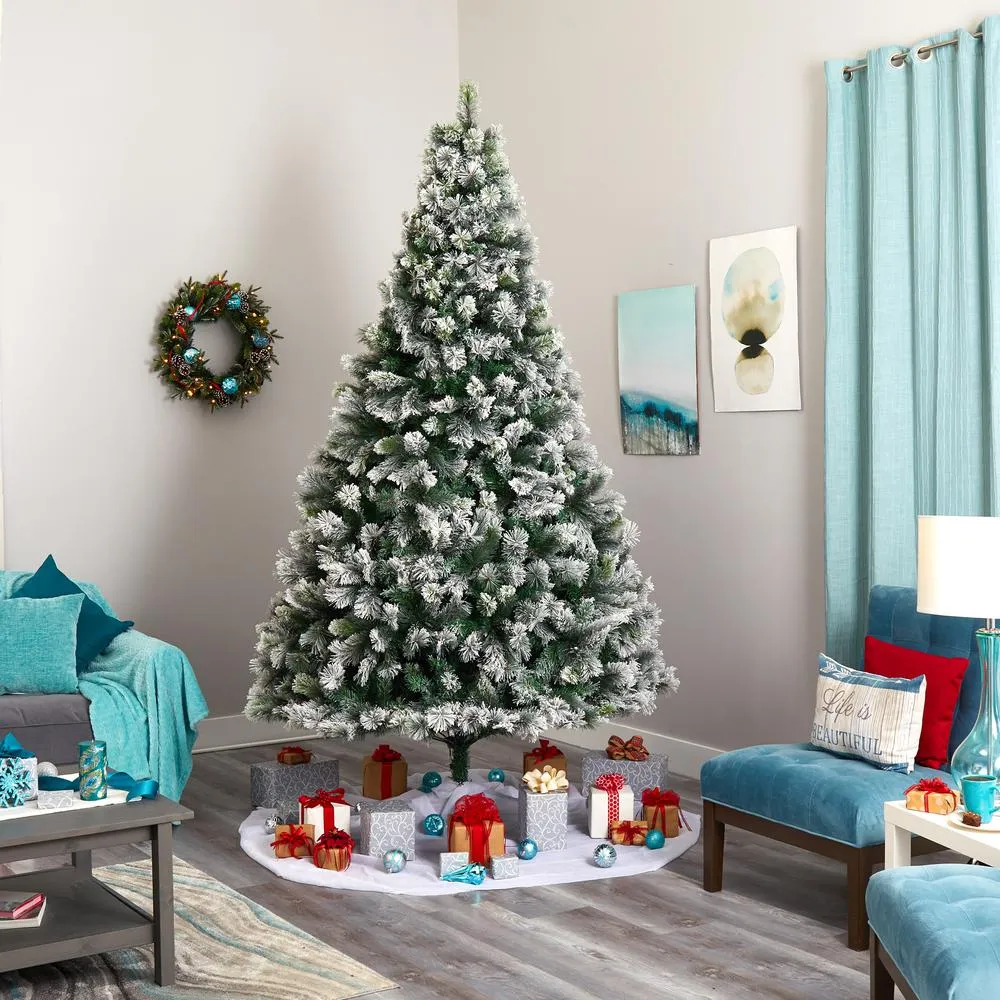 Nearly Natural 9ft. Flocked Oregon Pine Artificial Christmas Tree with 600 Clear Lights and 1580 Bendable Branches