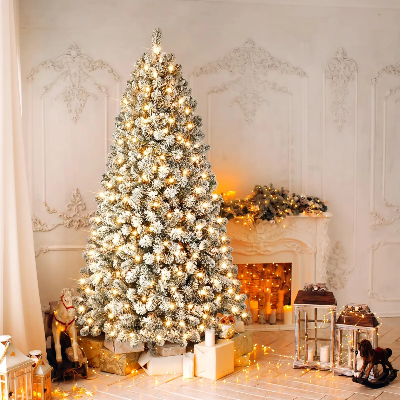 new inbox 6.5ft Pre-Lit Snow Flocked Artificial Christmas Pine Tree with  LED Lights and Metal Base Stand
