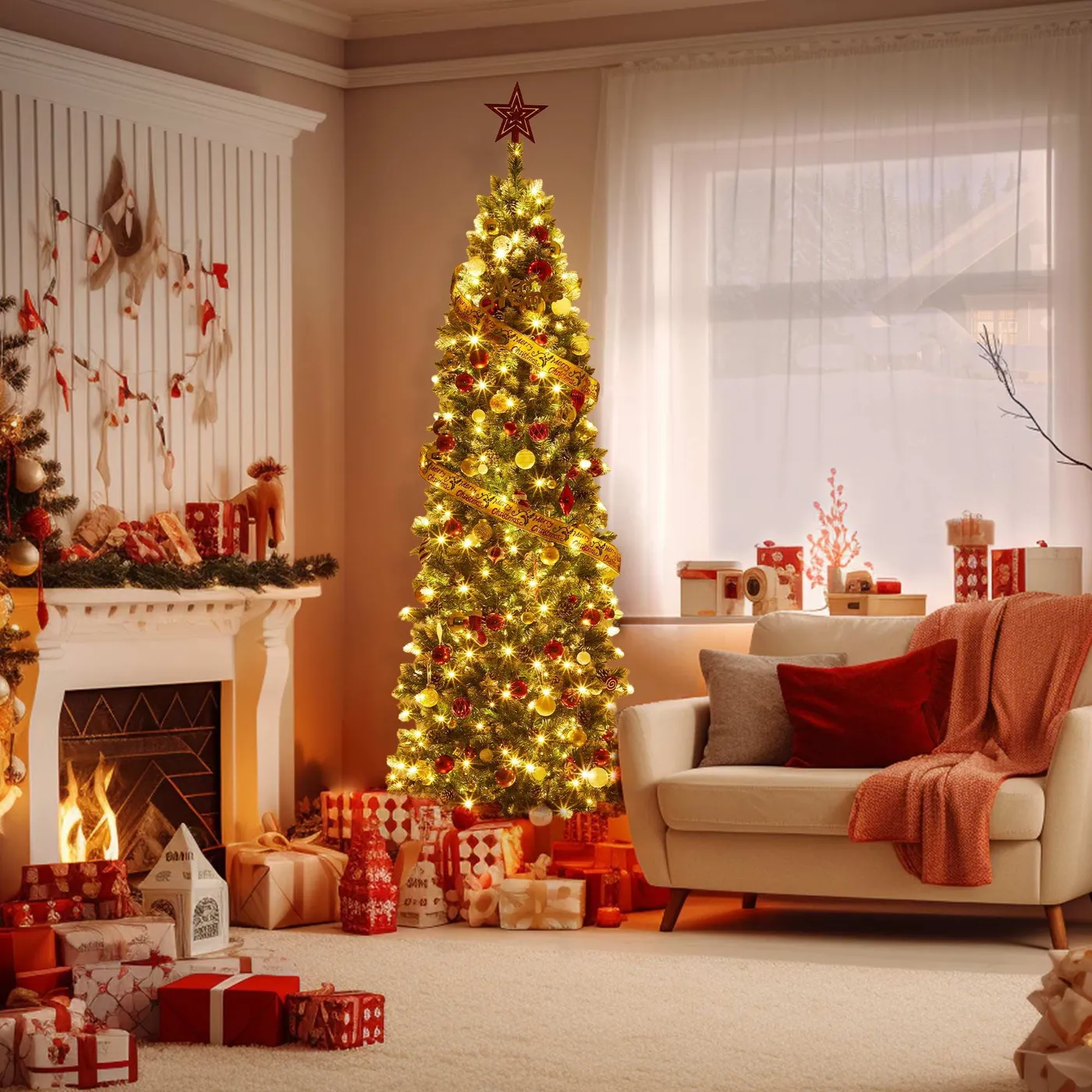 Ourlova 7.5ft Pre Lit Slim Pencil Christmas Tree with Pine Cones Dual Color  LED Lights Lifelike PVC Branches Sturdy Metal Base Holiday Home Office  Decor - Walmart.ca