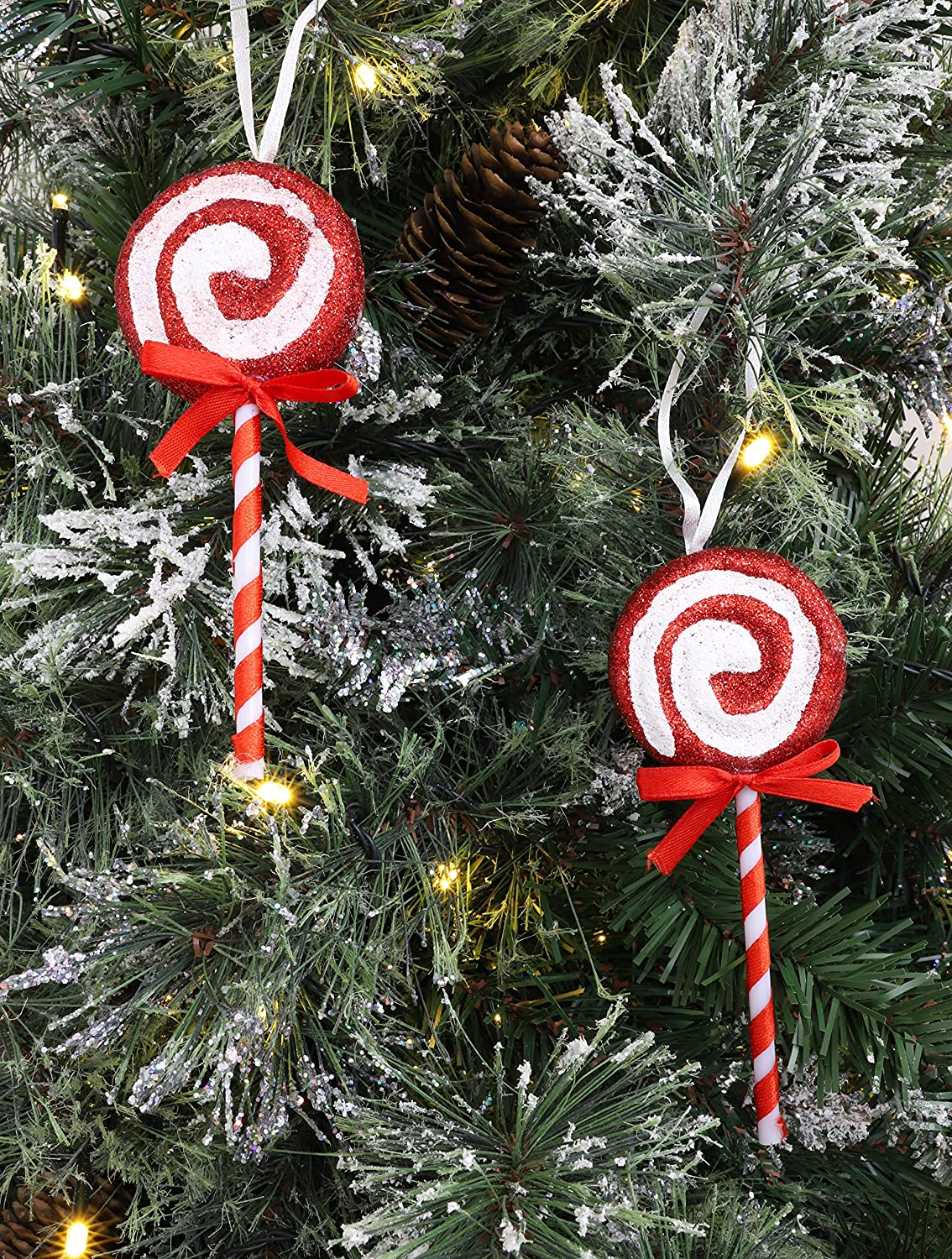 Pack of 2 - 14cm Red & White Glitter Candy Cane Style Lollipop Tree  Decorations - Christmas Hanging Ornaments - Christmas Shop