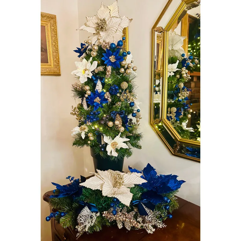 Perfect Holiday Elegance LLC. Stunning Pre Lit Blue and White Poinsettia  Decorated Christmas Topiary (Decorated 3 ft Tree) - Wayfair Canada