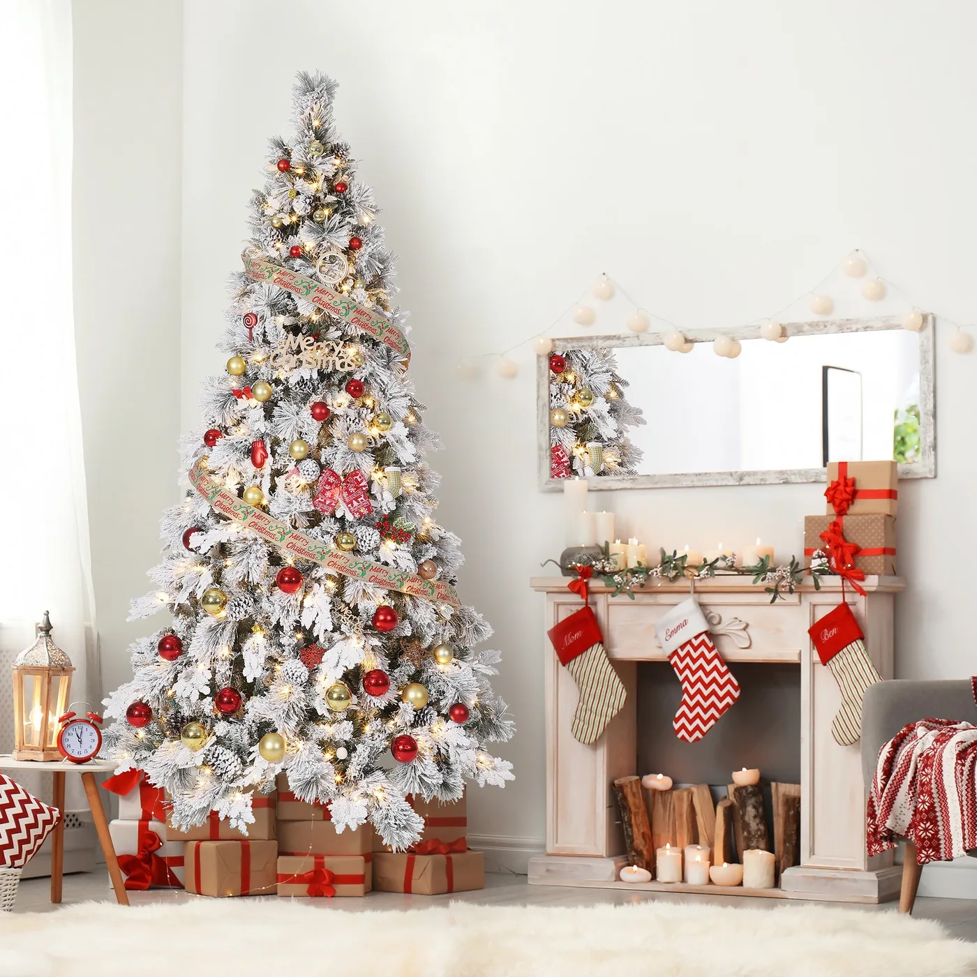 Pre-Lit 7ft Slim Christmas Tree with LED Lights - Green | HOMCOM Pre Light  7FT Christmas