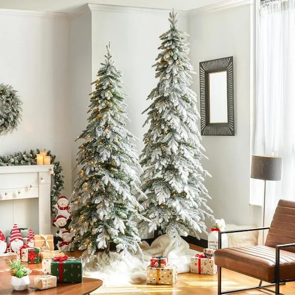 Pre Lit Flocked Pencil Christmas Tree Flocked VeriNatural 6ft Prelit Snow  Flocked Slim Christmas Tree Pencil