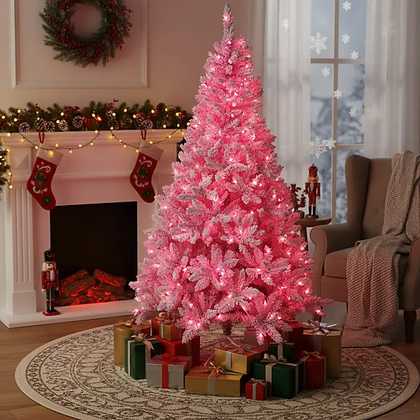 Pre-Lit Pink Flocked Christmas Tree - 730 Tips with 240 LED Lights, Snowy  Finish