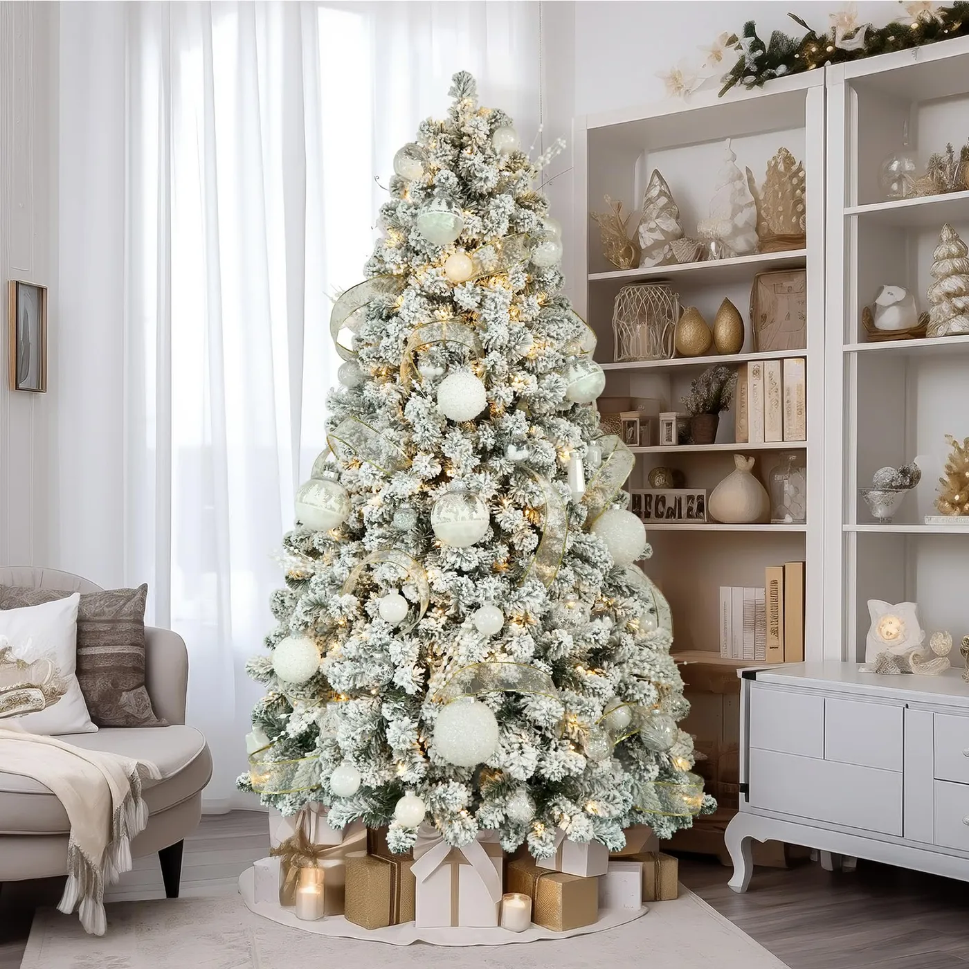Pre-Lit White Flocked Spruce Christmas Tree with Warm White Lights | 4.5-9FT | SHareconn Warm White Lights / 5FT