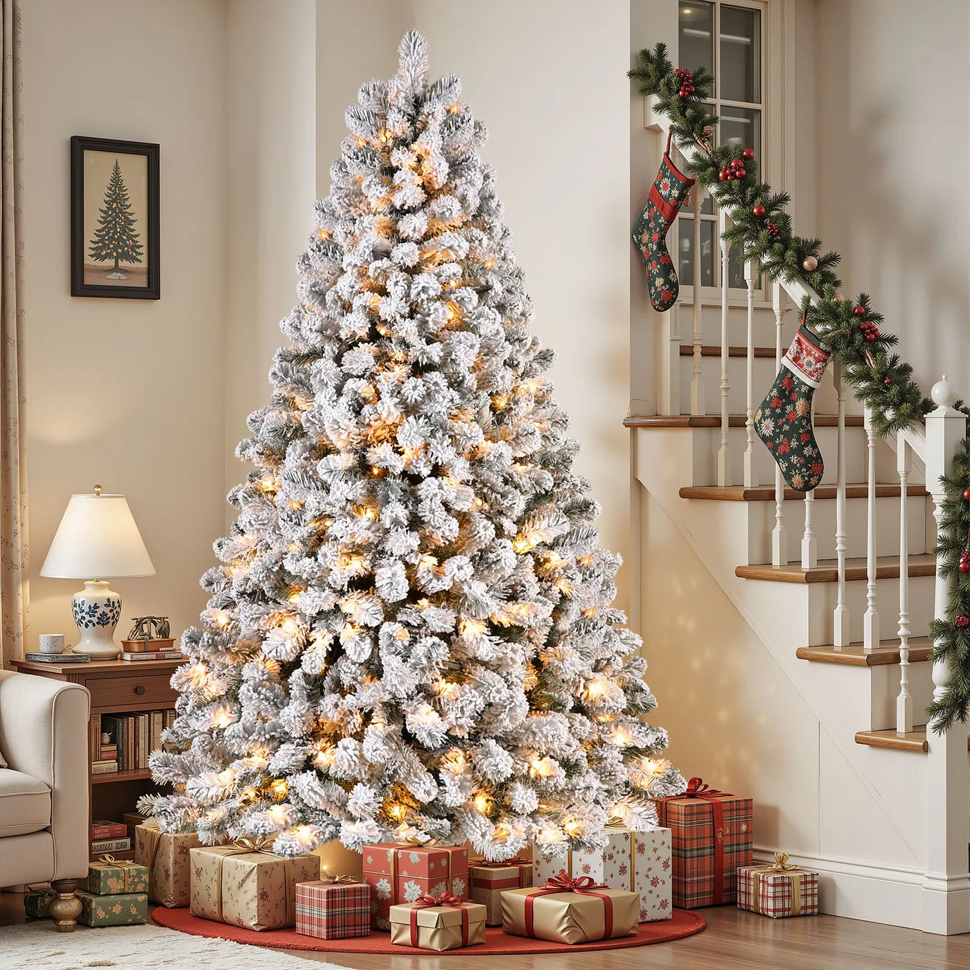 Pre-Lit White Flocked Spruce Christmas Tree with Warm White Lights | 4.5-9FT | SHareconn Warm White Lights / 5FT
