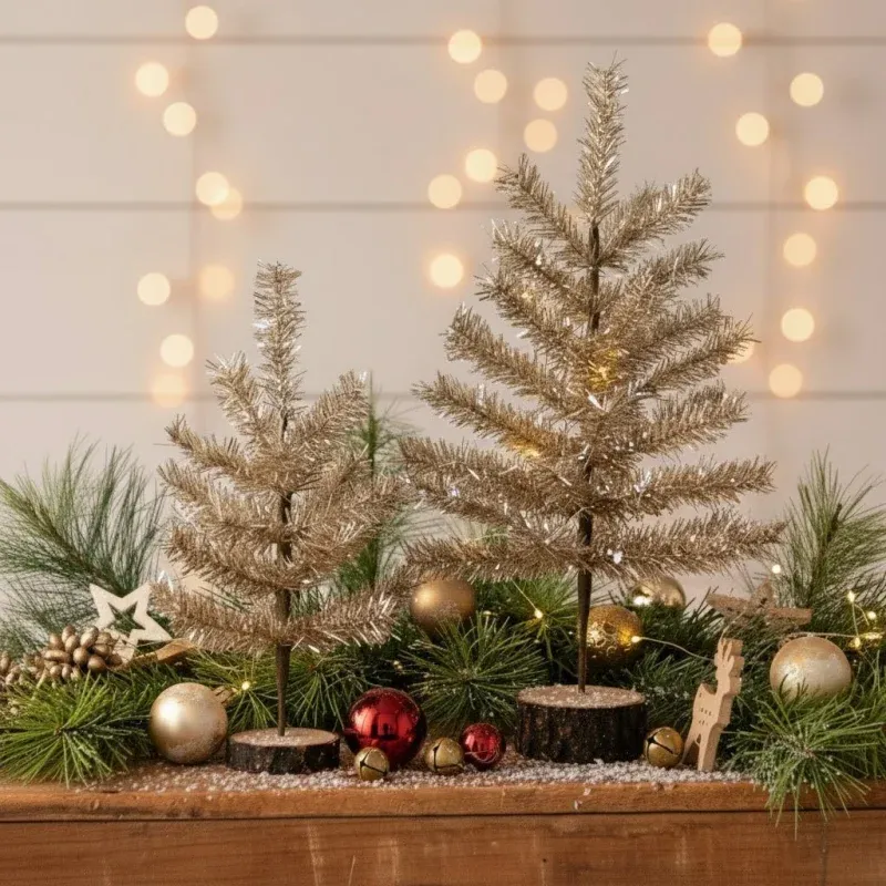 Primitive Christmas Retro Looking Tabletop Champagne Tinsel Christmas Trees  2 pc Set - Candy,Chocolate Bars,Holiday Decor,Costumes,Stickers & Party  Supplies – Festive Favorites