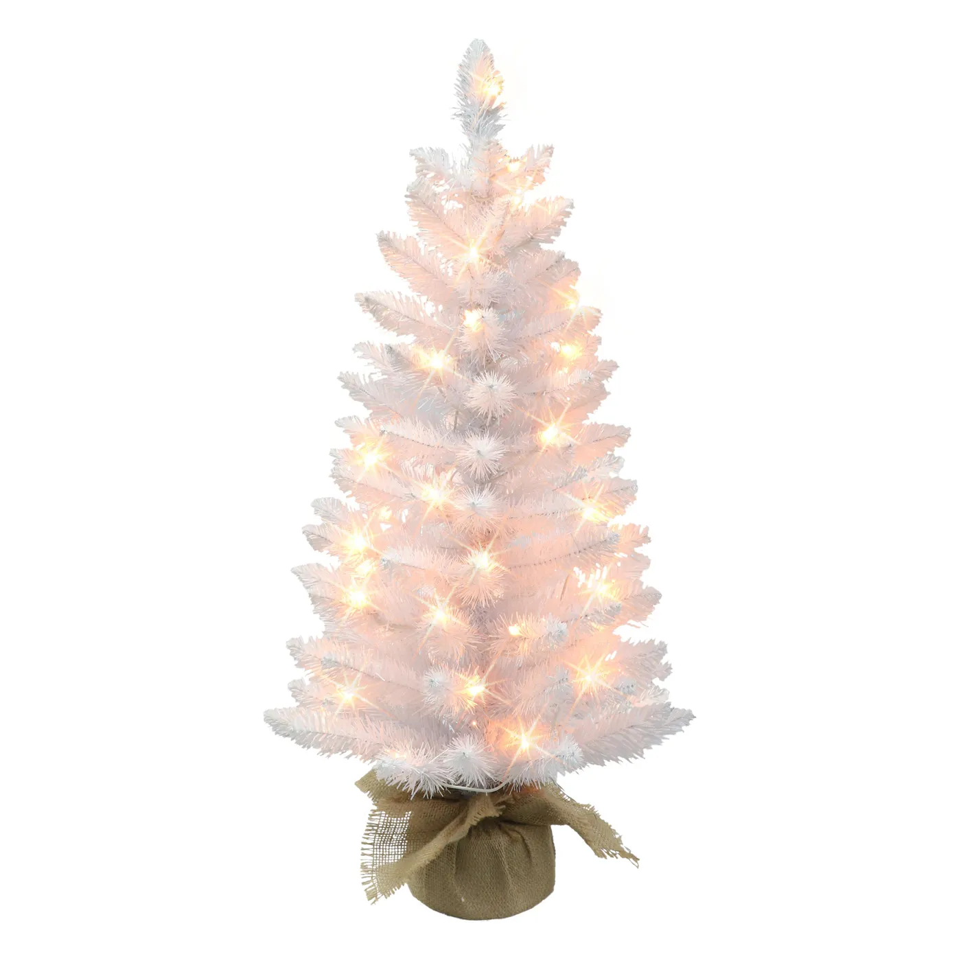 Puleo International 3 ft Pre-lit White Tree, 97 Tips, 50 UL Clear Incandescent Lights, Burlap Base