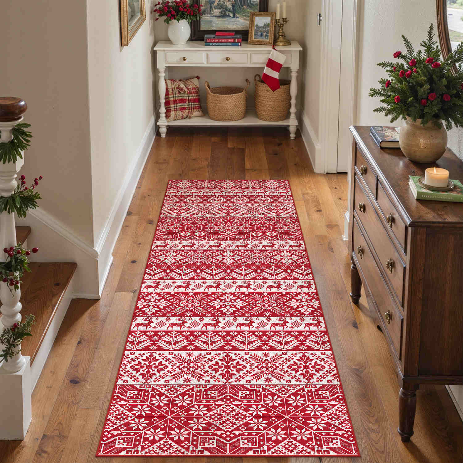 PureCozy 2' x 6' Christmas Red Runner Rug Washable Hallway Kitchen Bathroom Carpet - Scandinavian Snowflake Reindeer