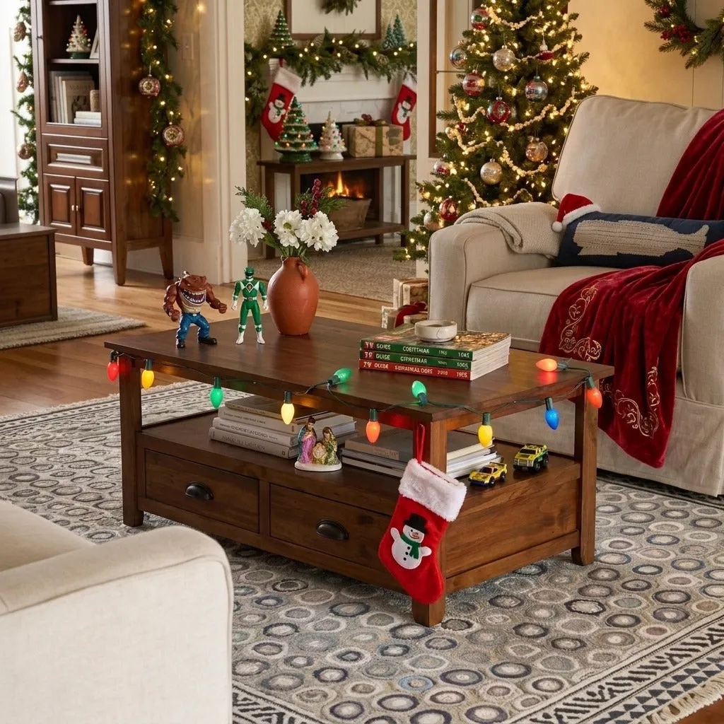 Rustic Living Room Coffee Table with 2 Storage Drawers & Open Shelf