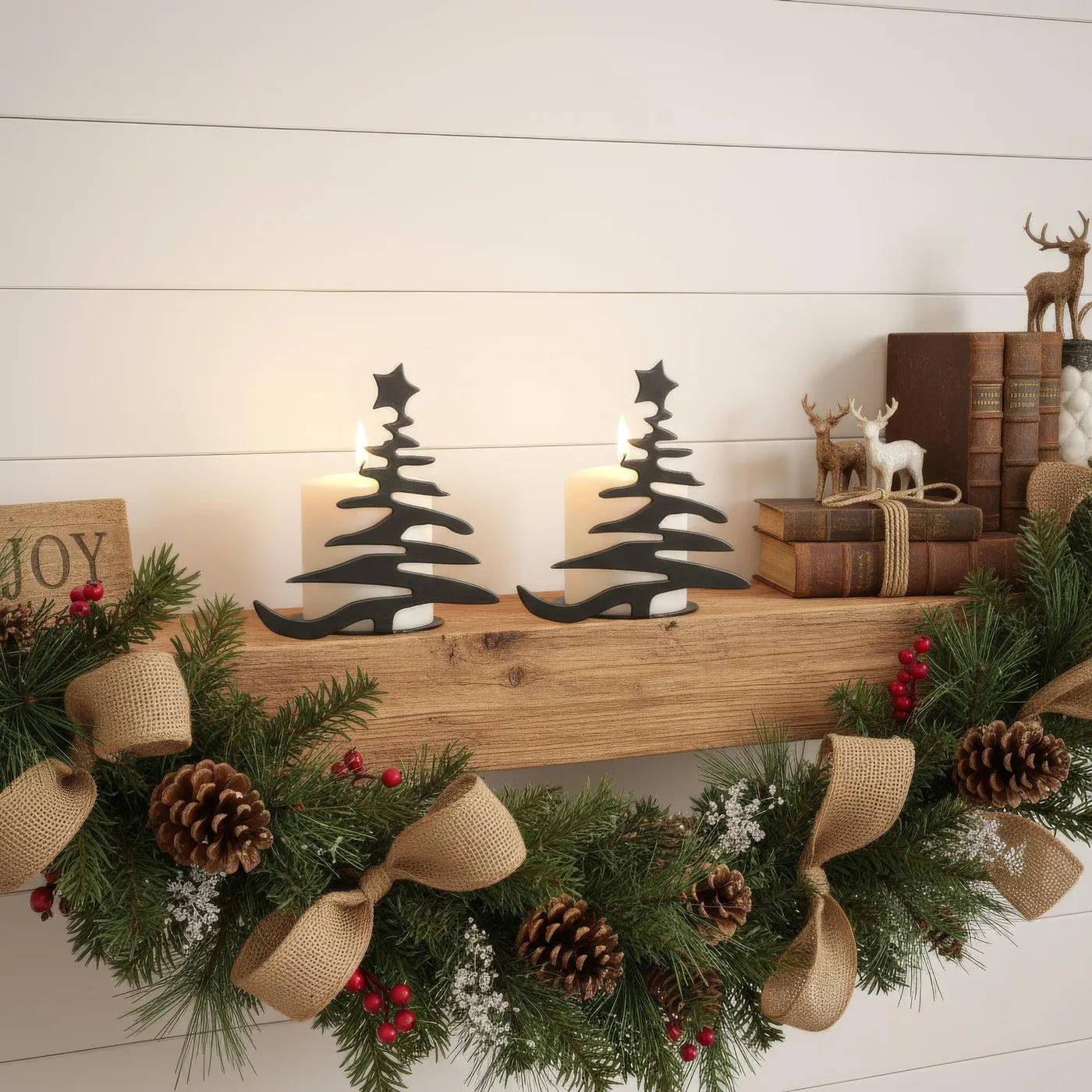 Rustic Steel Christmas Tree Candle Holder Set of 2, Metal Holiday Mantel  Decor