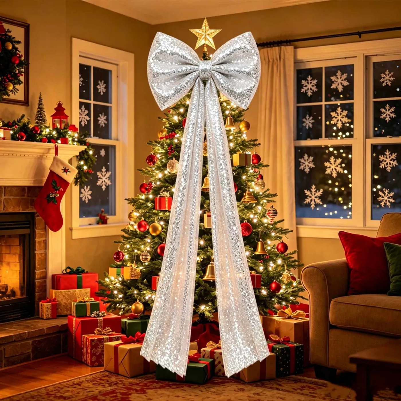 Sequin Christmas Bow 200cm Long Ribbon Streamers | Oversized Festive  Holiday Tree Topper Decoration | Glitter Sparkly Bow for Front Door  Fireplace Mantel Window Stair Railing | Party Wedding Home De