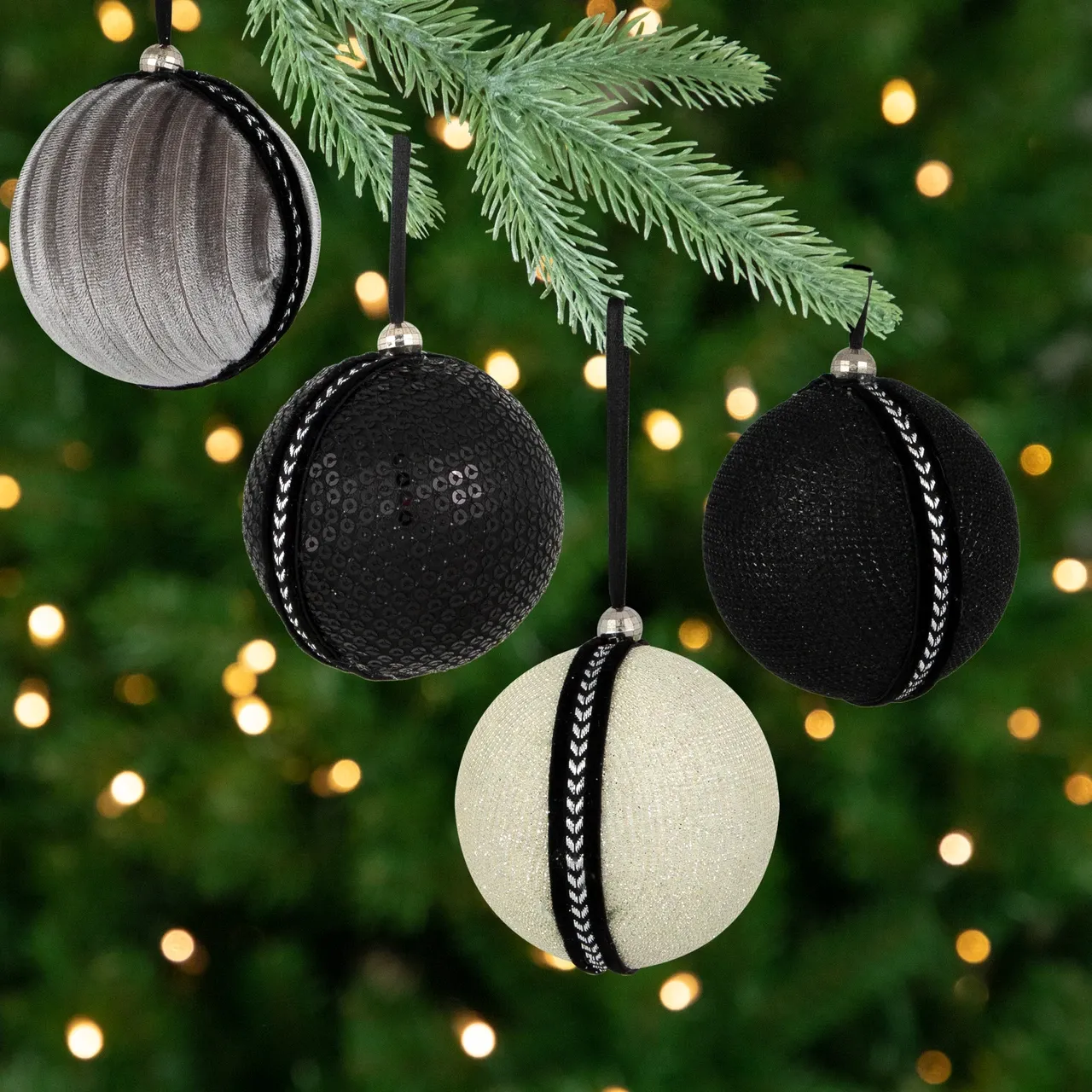 Sequin & Glitter Christmas Ball Ornaments with Ribbon - 2.75' - Black - Set of 4 | Christmas
