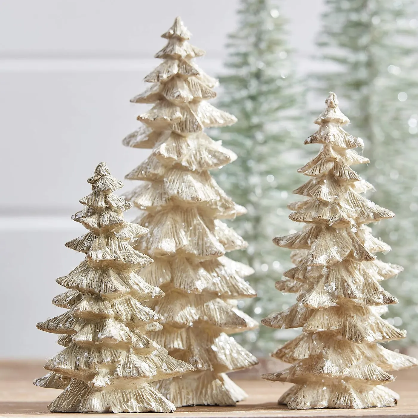Set of 3 Antique White Glittered Christmas Trees- 6.25 inches to 9.5 i -  Richards Expo