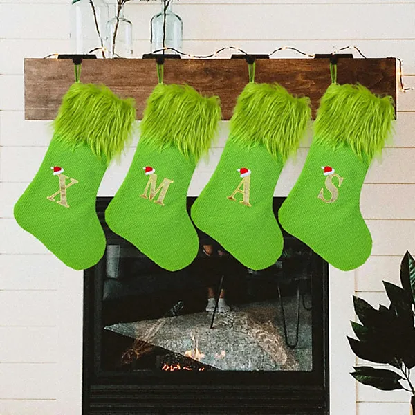 Set of 4 Christmas Stockings Large Knitted Green Monster Design with Christmas Lettering for Home and