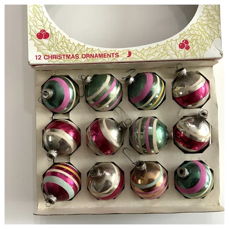Shiny Brite Pinstriped Blown Glass Christmas Balls Original Box . For Sale  at Ruby Lane