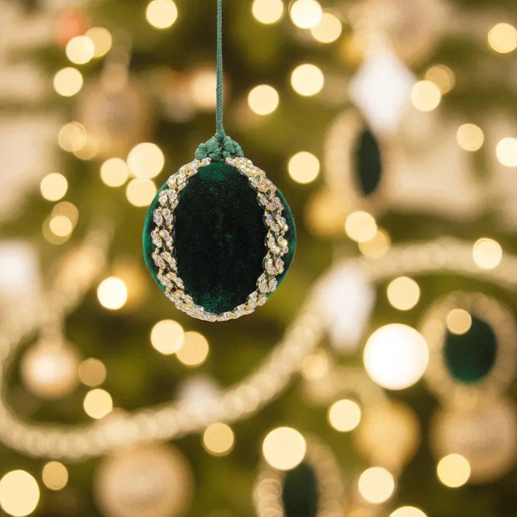 Small Velvet Jeweled Green Ball Ornament