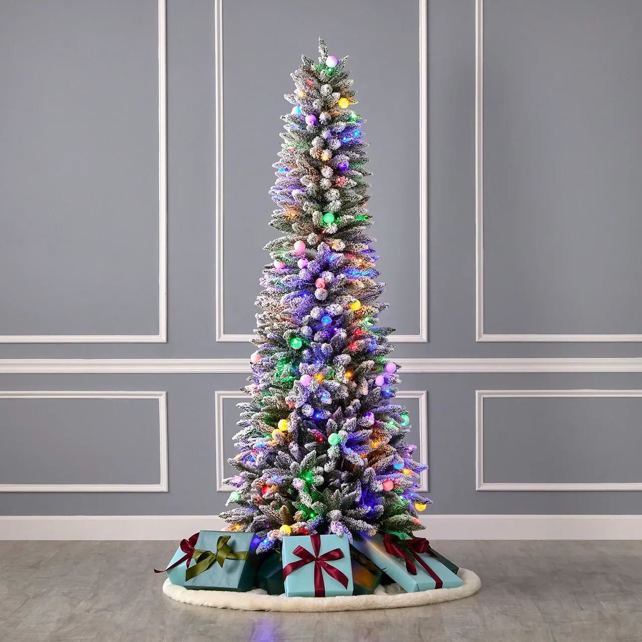Snow Kissed Slim Flocked Pine Pre-Lit Tree with Multicolor LED Lights 7 ft
