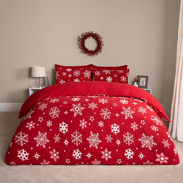 Snowflake Teddy Fleece Duvet Cover Bedding Winter Christmas, Red - King