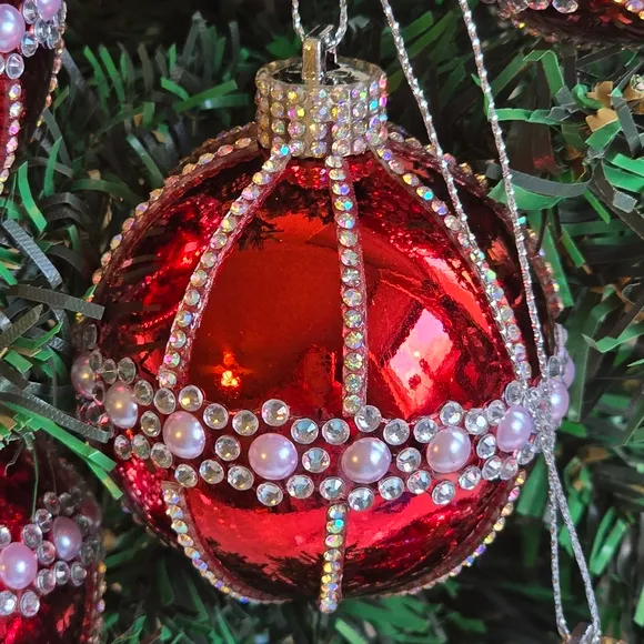 Sparkling Red and Silver Holiday Ornaments New 6 Pieces 2.6 Inch Handmade