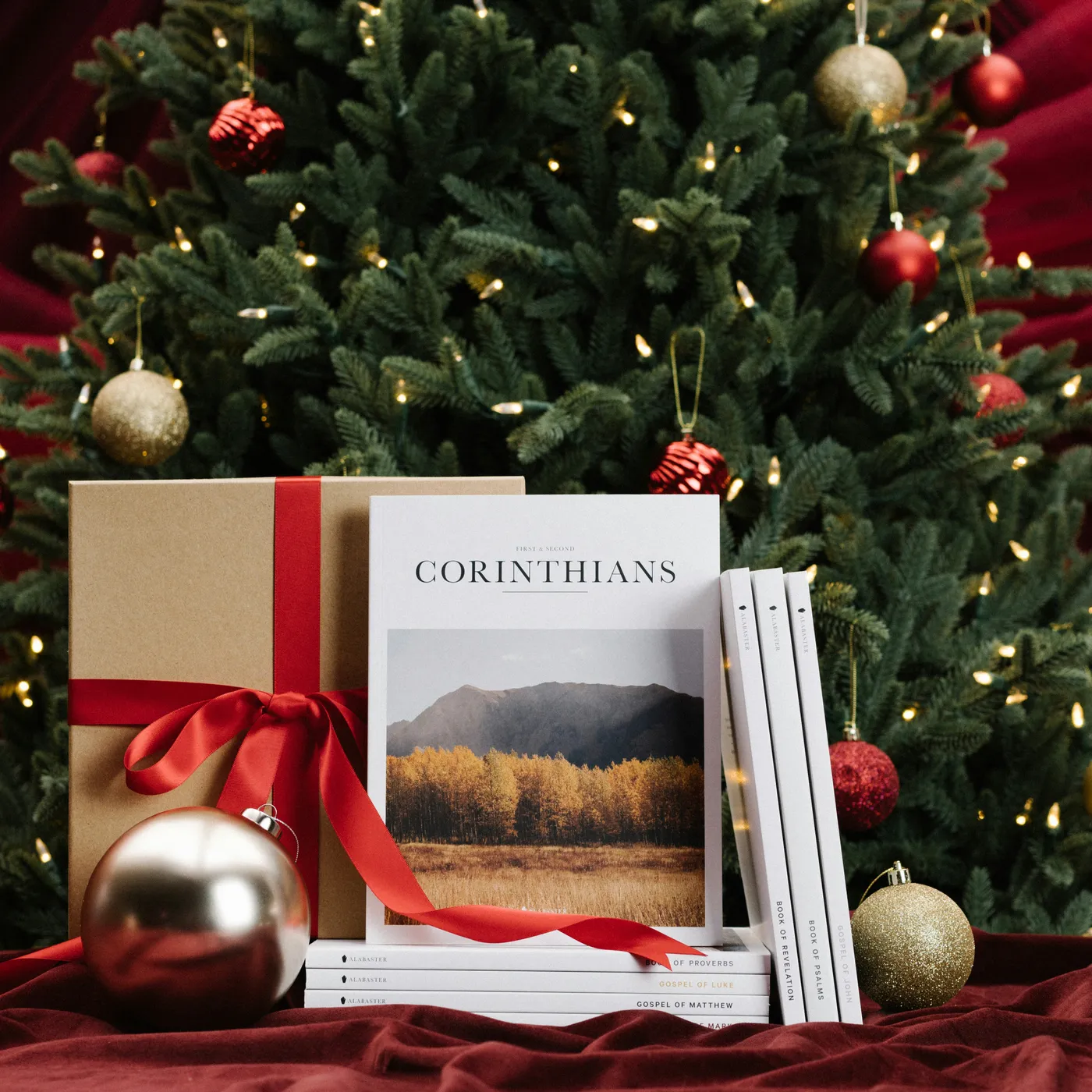 Stack of Alabaster Bible books on maroon cloth in front of Christmas tree with red and gold ornaments and a gold Christmas gift box with red ribbon
