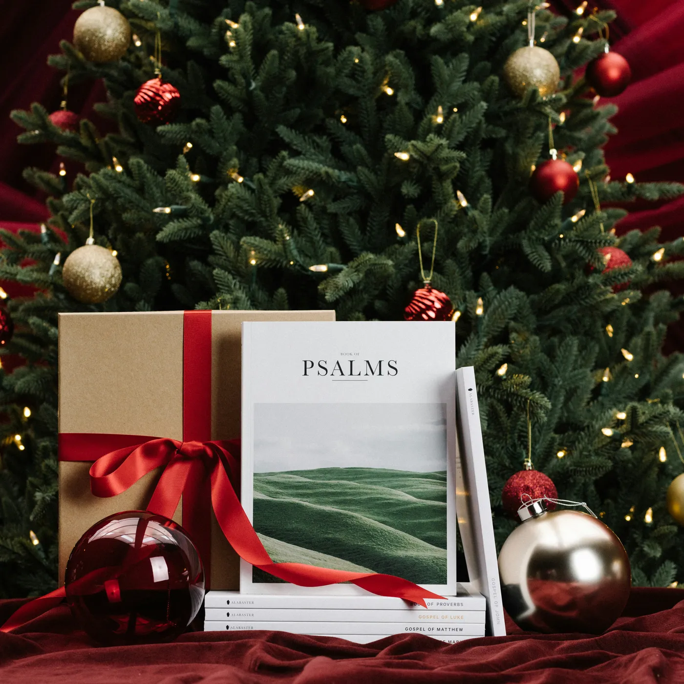 Stack of Alabaster Bible books on maroon cloth in front of Christmas tree with red and gold ornaments and a gold Christmas gift box with red ribbon