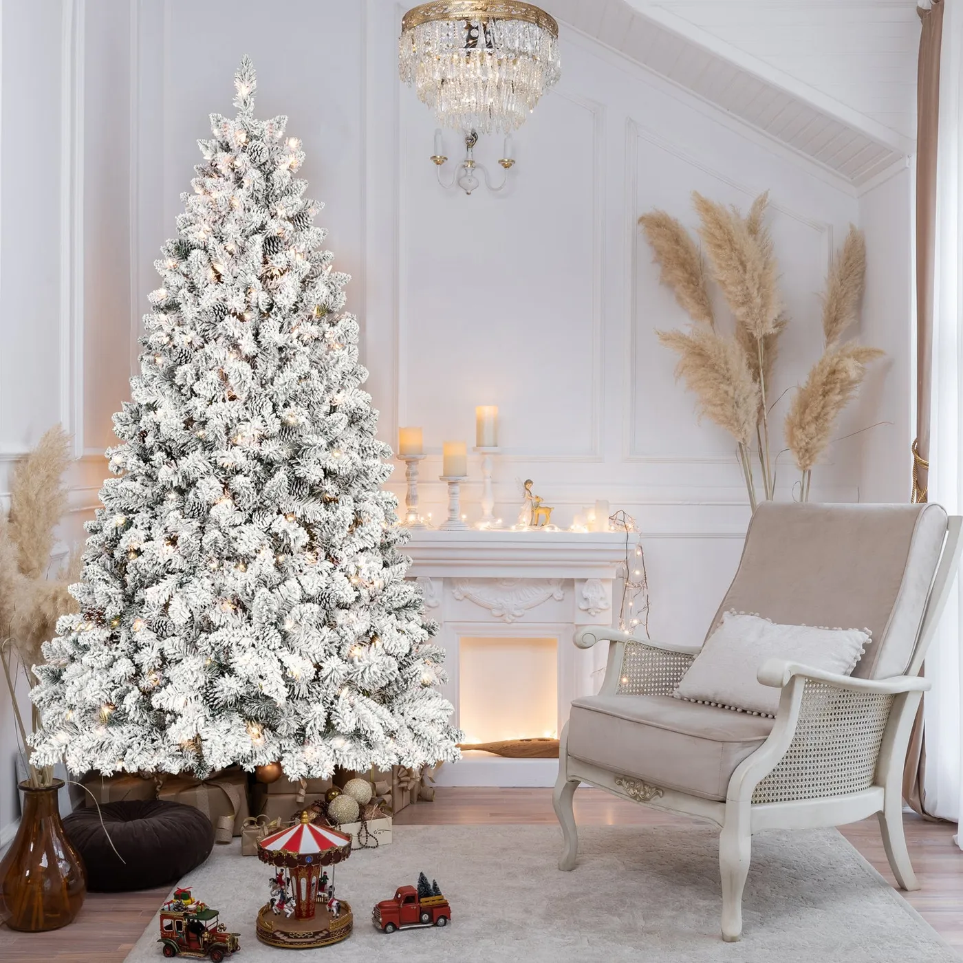 Streamdale Furniture Streamdale 9ft Flocked Christmas Tree W/ 850 Lights 63  Pine Cones 2240 Tips Hinged In White | ModeSens
