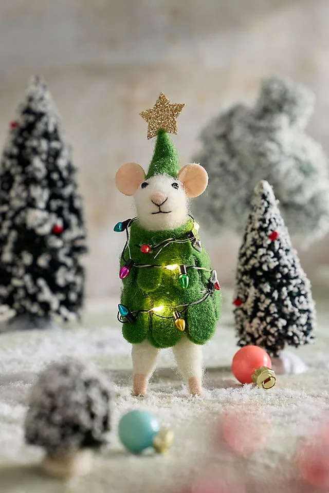Terrain Illuminated LED Christmas Tree Mouse Felt Critter | Anthropologie