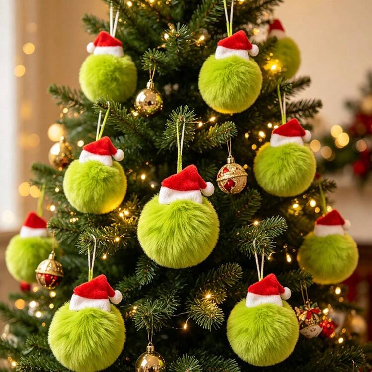 The Grinch 12/6/2pcs Green Plush Ball Christmas Ornaments With Mini  Christmas Hats, Suitable For Christmas Tree Hanging Decorations, Holiday  Party Supplies And Christmas Home Decor | SHEIN USA