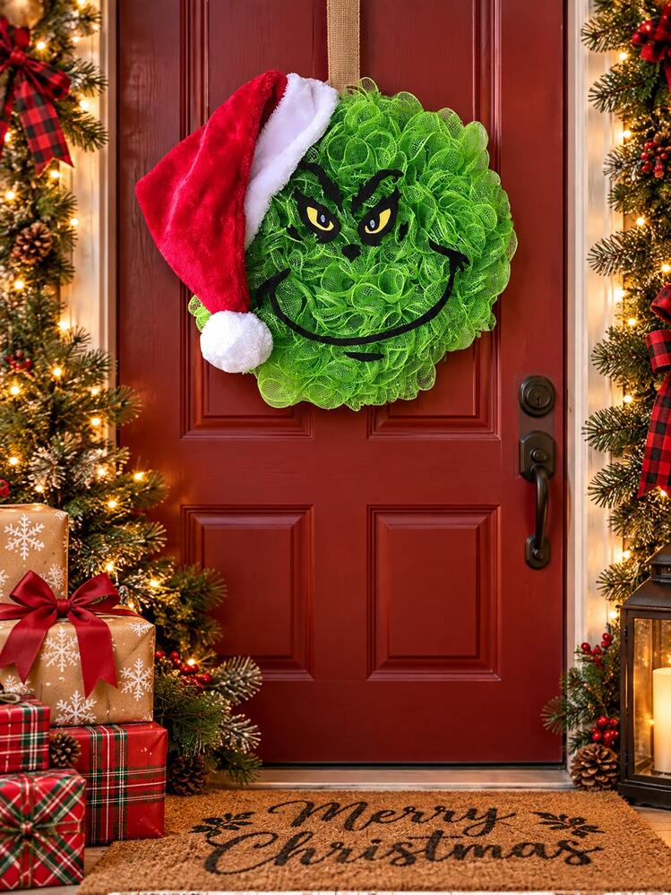 The Grinch Christmas Front Door Wreath, Green Cartoon Face Holiday Door  Hanging Decoration With Christmas Hat, Plaid Wreath Accessory, Suitable For  Home, Porch, Entryway, Christmas Party, Winter Hol