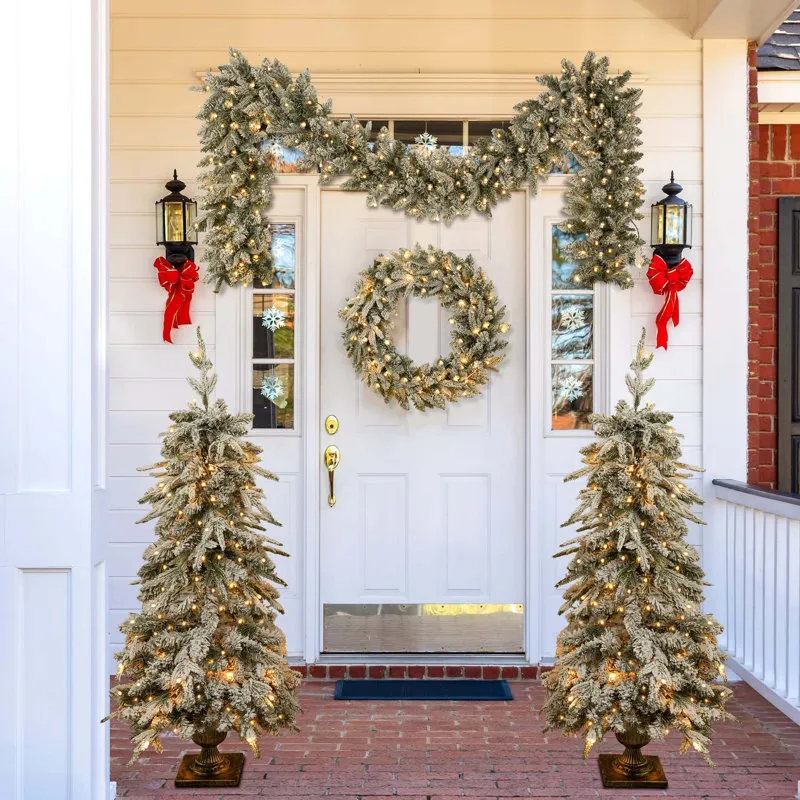 The Holiday Aisle® 4-Piece Set Pre-Lit Christmas Artificial Tree, Garland, And Set Of 2 Entrance Trees With LED Lights - Wayfair Canada