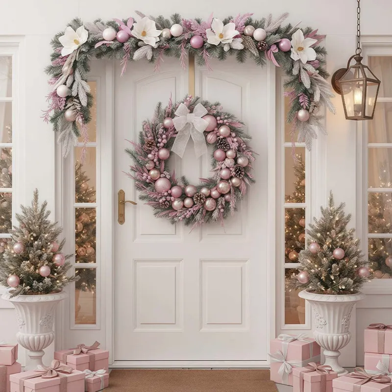 The Holiday Aisle® Christmas Garland - 5.9 Ft Christmas Garland For Mantle, Pink Christmas Decor Flocked Garlands With Magnolia Flower Balls & Pink Gold Leaves For Home Table Outdoor Indoor Xmas Dec
