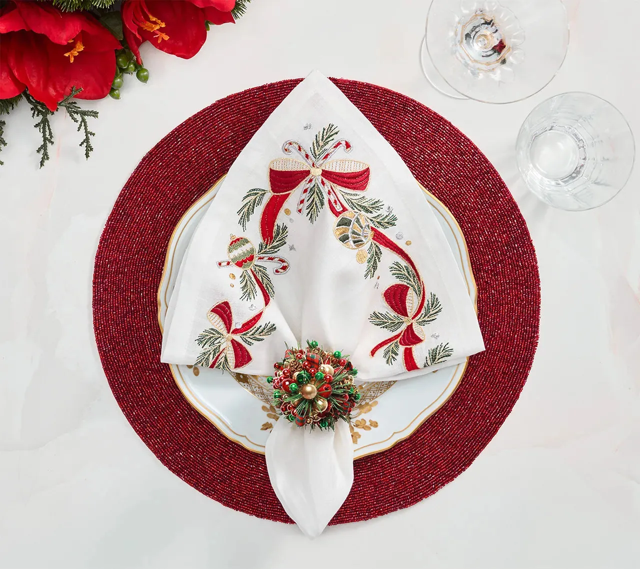 Tinsel Tree Napkin Ring in Red, Green & Gold, Set of 4