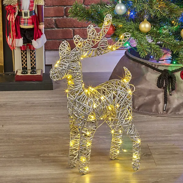 URBNLIVING 45cm LED Light Up Reindeer Silver Plastic Rattan Wire Frame  Christmas Home Decorations