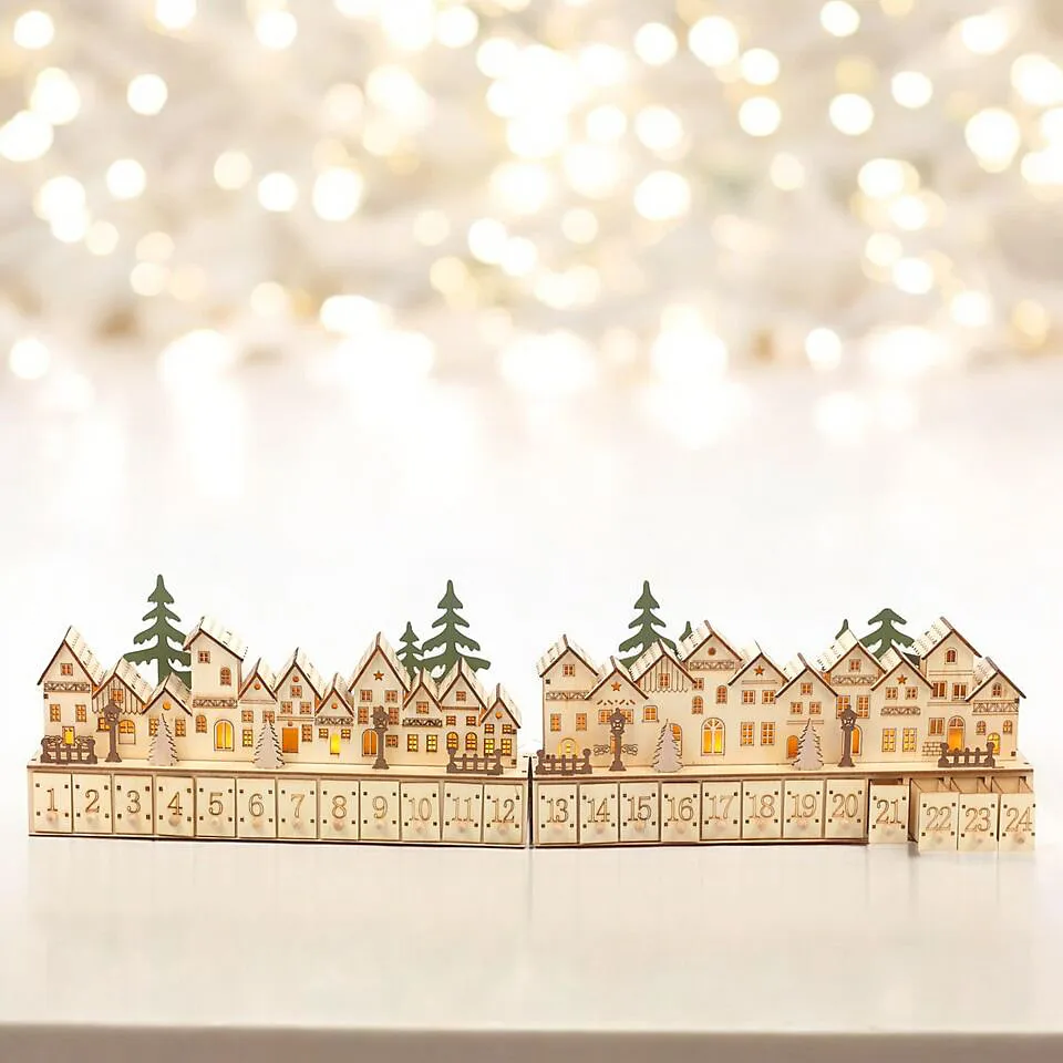 URBNLIVING 70cm Width Wooden House Advent Calendar Christmas LED Lights  Hinged 24 Drawers Countdown