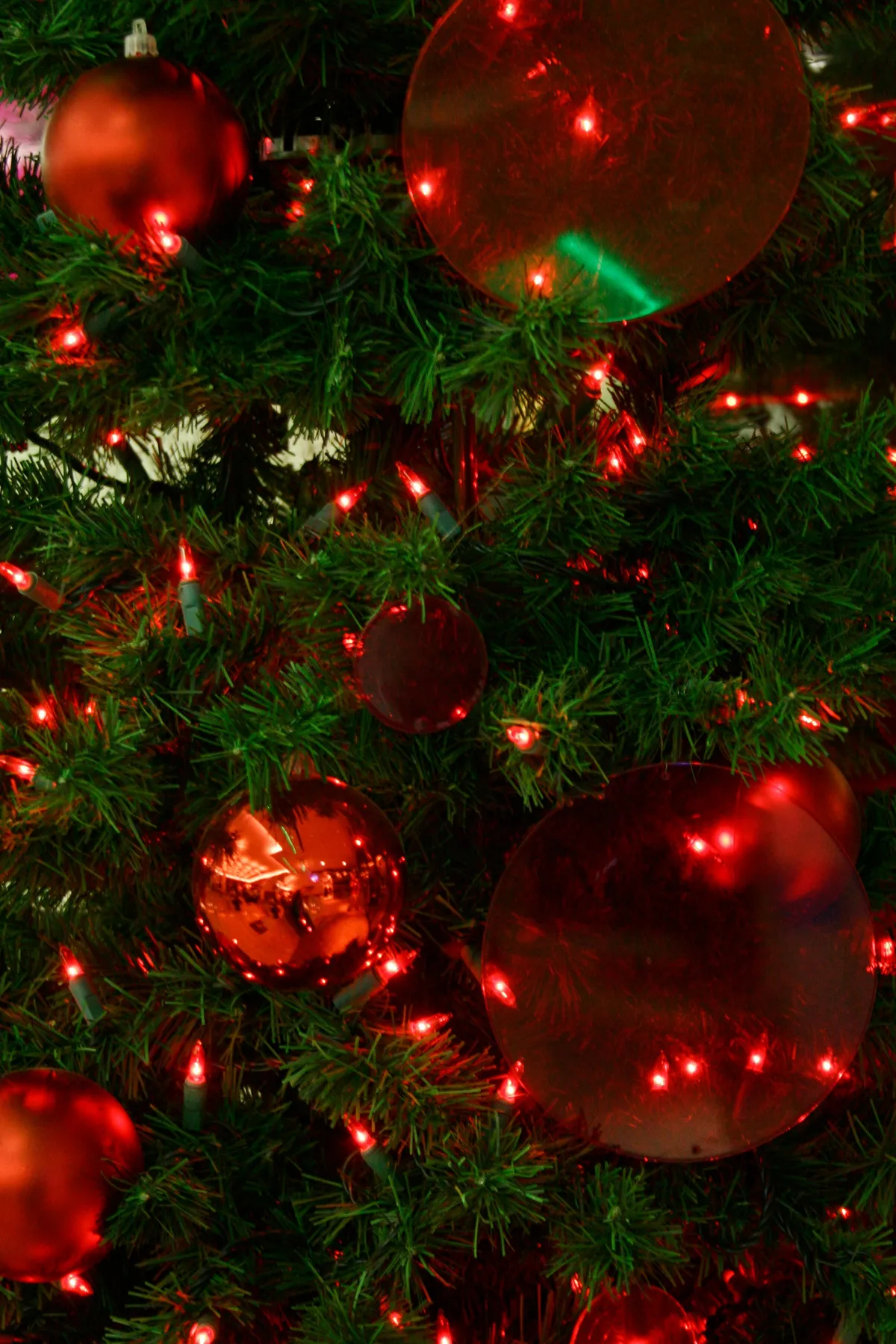 Vertical shot of a Christmas tree adorned with red ornaments and lights, capturing the festive spirit.
