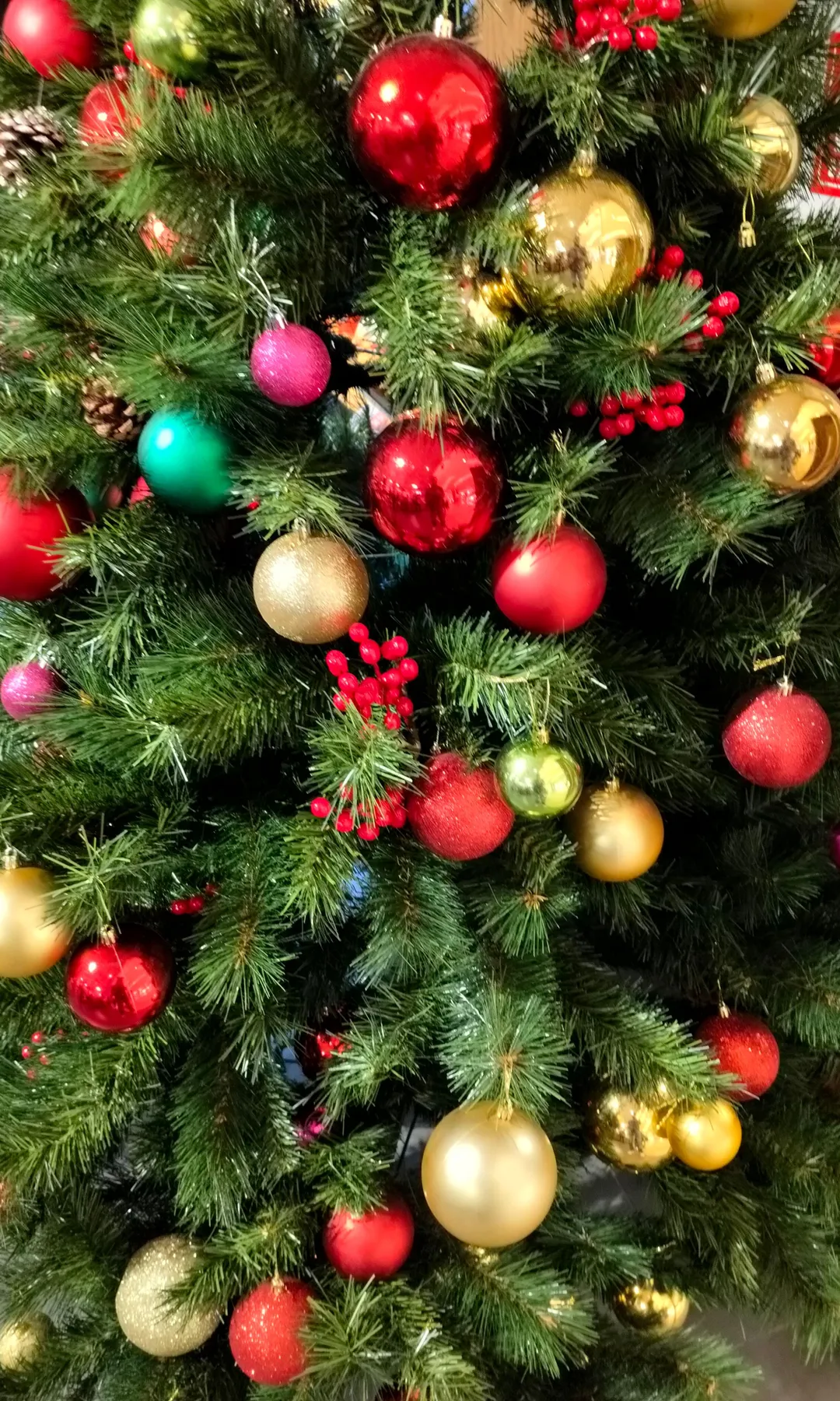 Vibrant Christmas tree adorned with red, gold, and green ornaments, perfect for holiday settings.