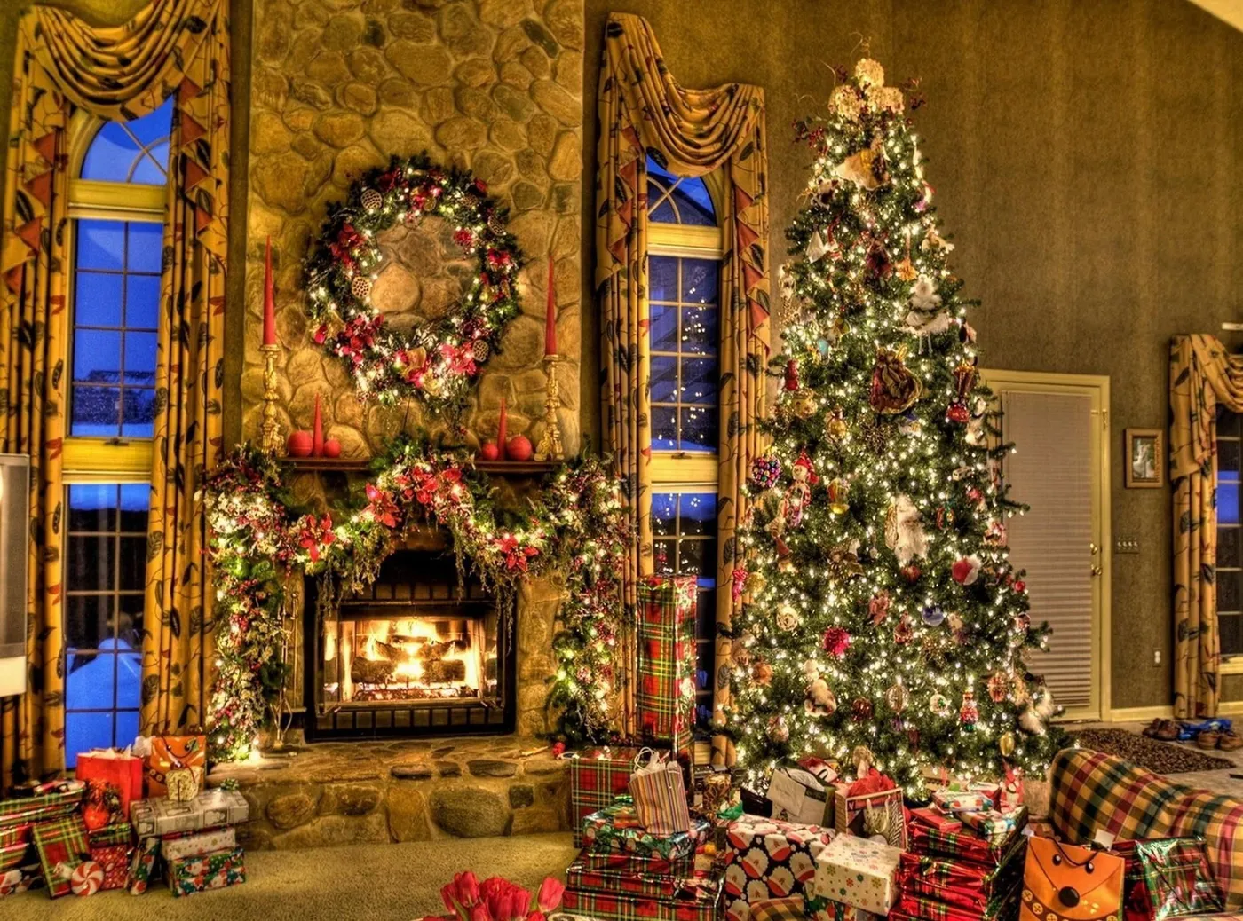 Vintage Christmas wallpaper.Decorated fireplace with toys Vintage Christmas  Chimney Wallpaper