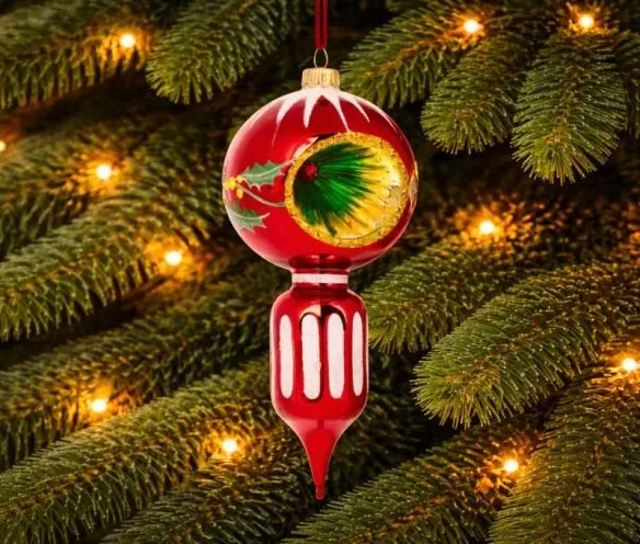 Vintage red Christmas drop reflector holly glass H20cm Made in Europe