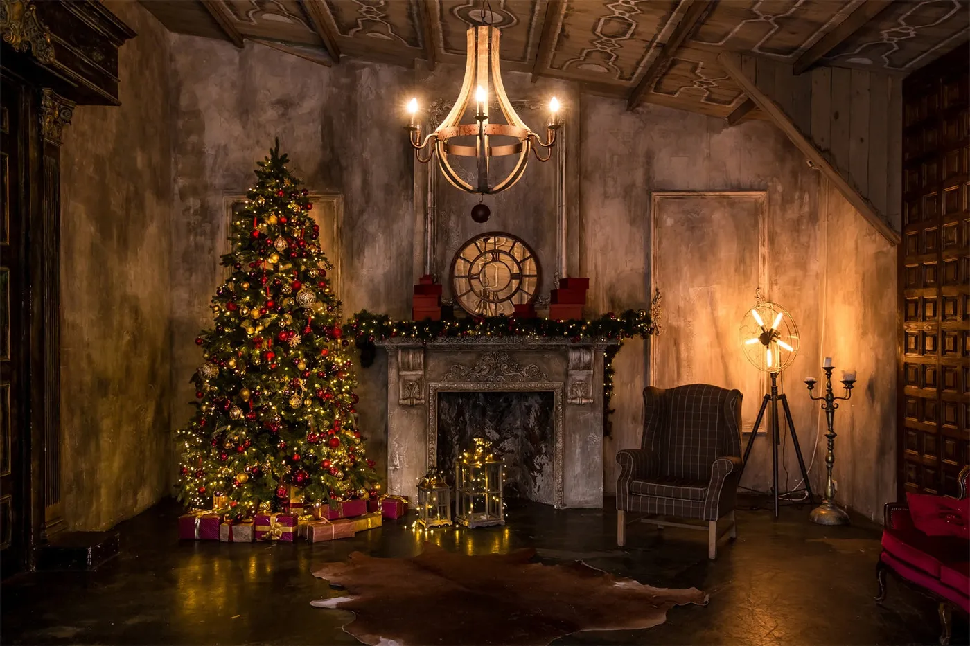 Vintage Room Christmas Tree Fireplace Backdrop BRP8-150, 7'W*5'H(2.2*1.5m)