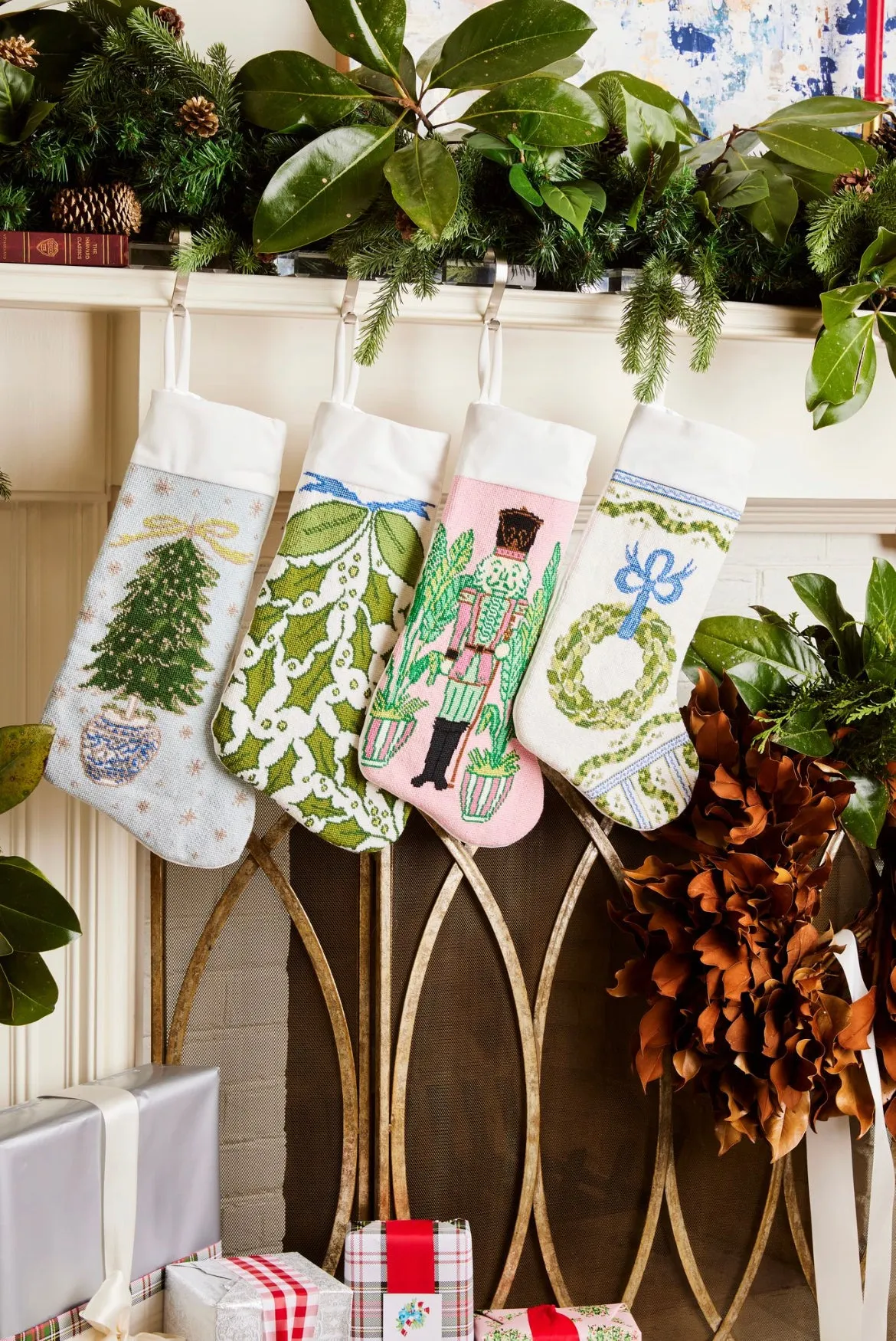 White Clearance Needlepoint Christmas Stockings | Superior PREORDER FOR  2026 Deck The Halls Full Size